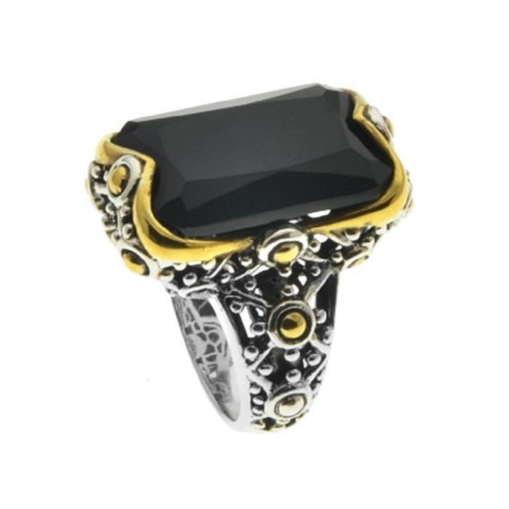 Vintage l Silver Step Cut Black Onyx Beaded Ring